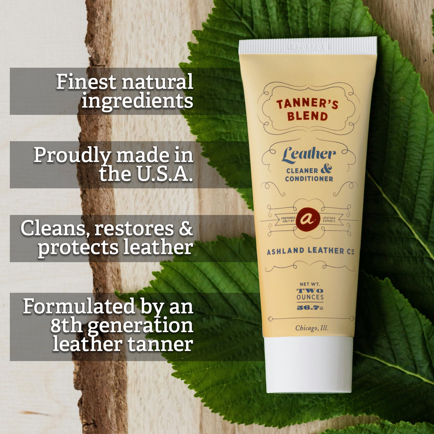 Tanner's Blend Leather Cleaner and Conditioner, finest natural ingredients, proudly made in U.S.A., cleans and restores leather, formulated by master leather tanner.