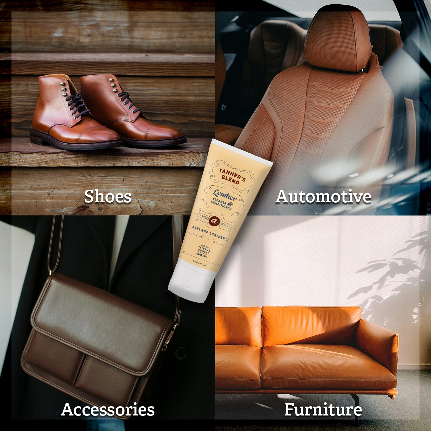 Four images showing the uses for Tanner's Blend leather conditioner on boots, car interiors, purses and luggage, and furniture.