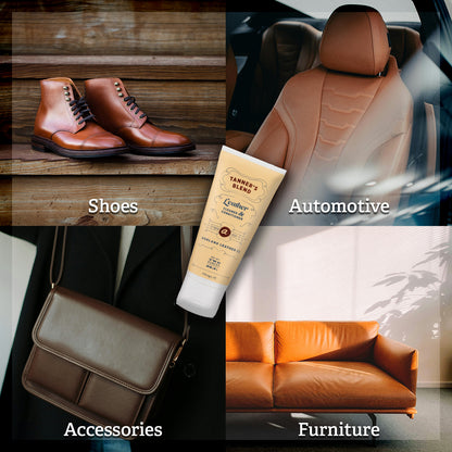 Four images showing the uses for Tanner's Blend leather conditioner on boots, car interiors, purses and luggage, and furniture.