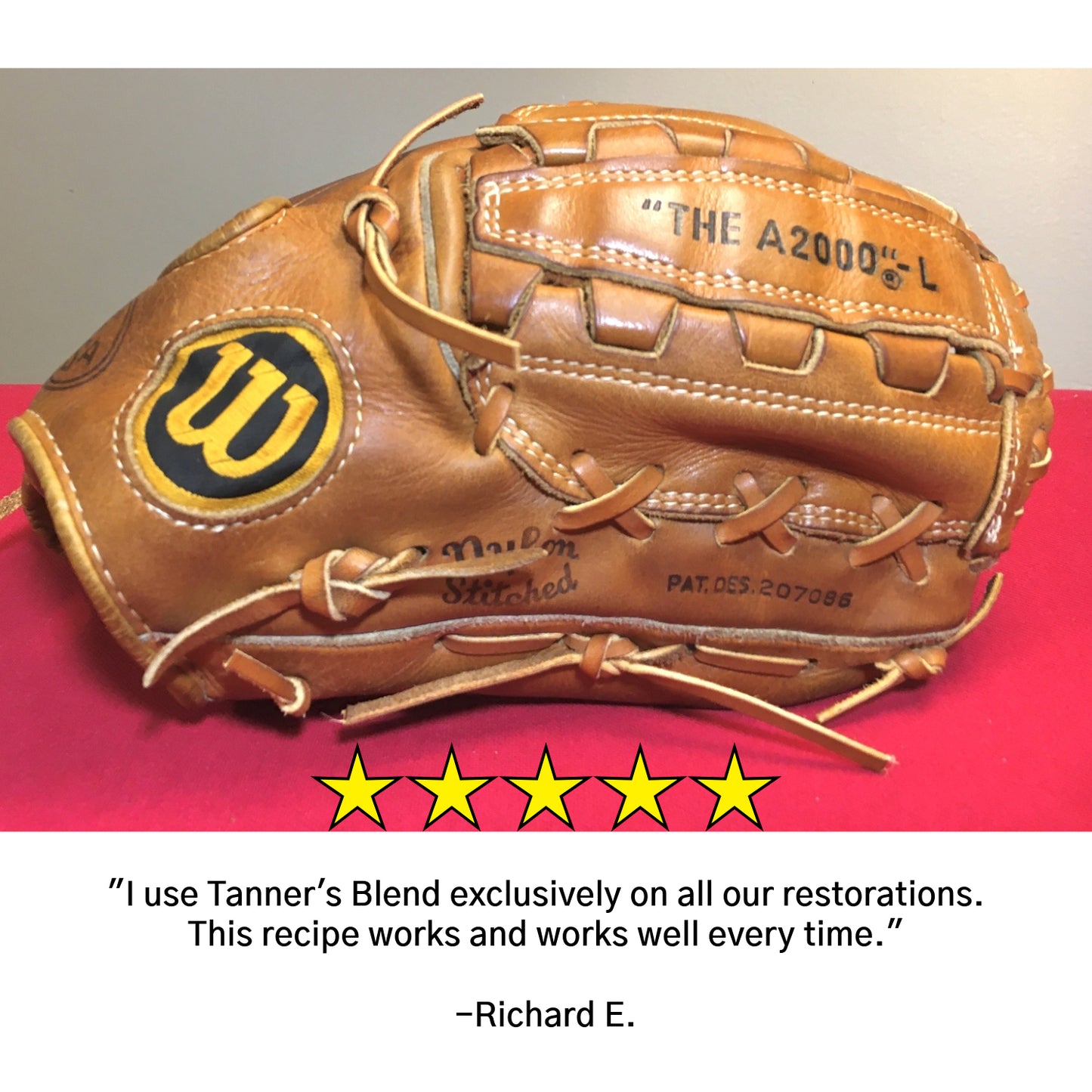 Wilson baseball glove with five-star review text: "This recipe works and works well every time." -- Richard E.