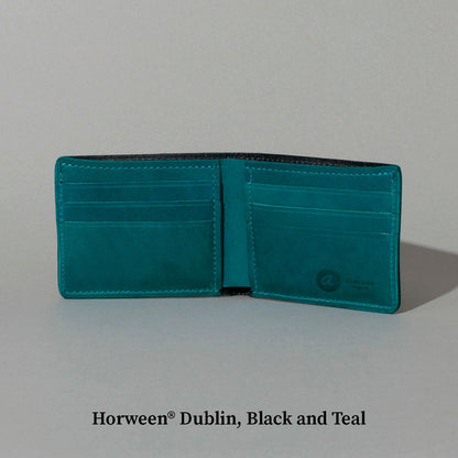 Open Johnny the Fox bifold wallet in Horween® Dublin, black and teal