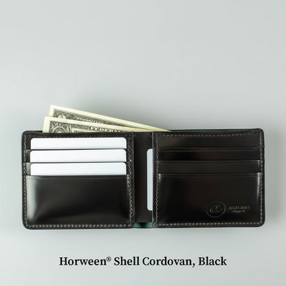 Open Johnny the Fox bifold wallet in black Horween® Shell Cordovan
