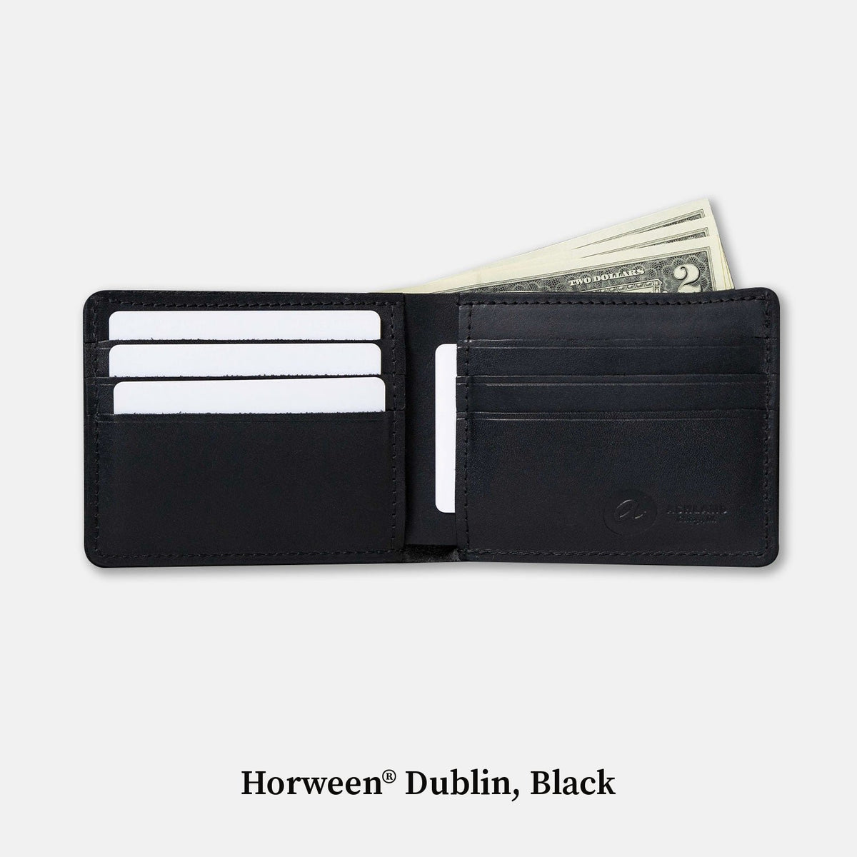 Open Johnny the Fox bifold wallet in black Horween® Dublin leather
