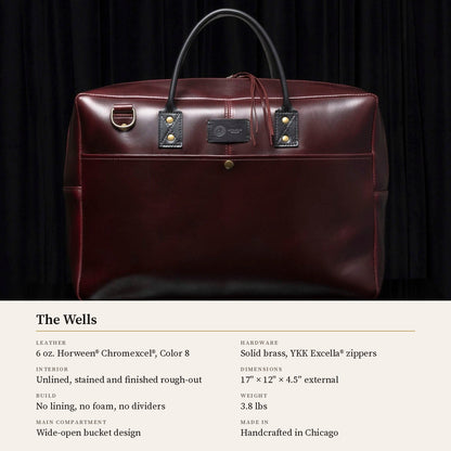 Wells briefcase spec card: Horween® Chromexcel®, unlined rough-out interior, 17″ × 12″ × 4.5″, 3.8 lbs
