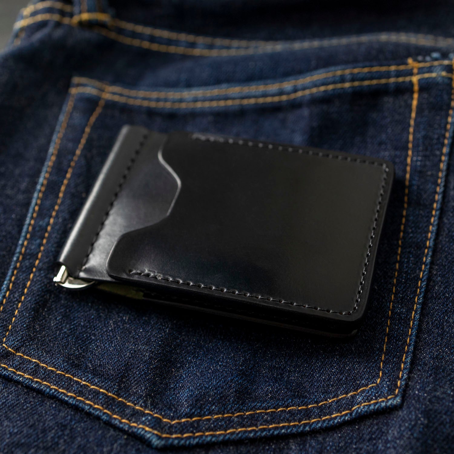 Black Leather Money Clip Wallet - Beautiful Black Horween Chromexcel, Black