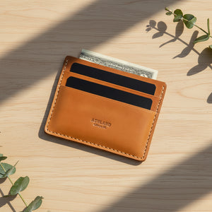 B-Grade Frank the Enforcer in Horween® Natural Shell Cordovan on light wood with two cards and cash, in leaf shadows