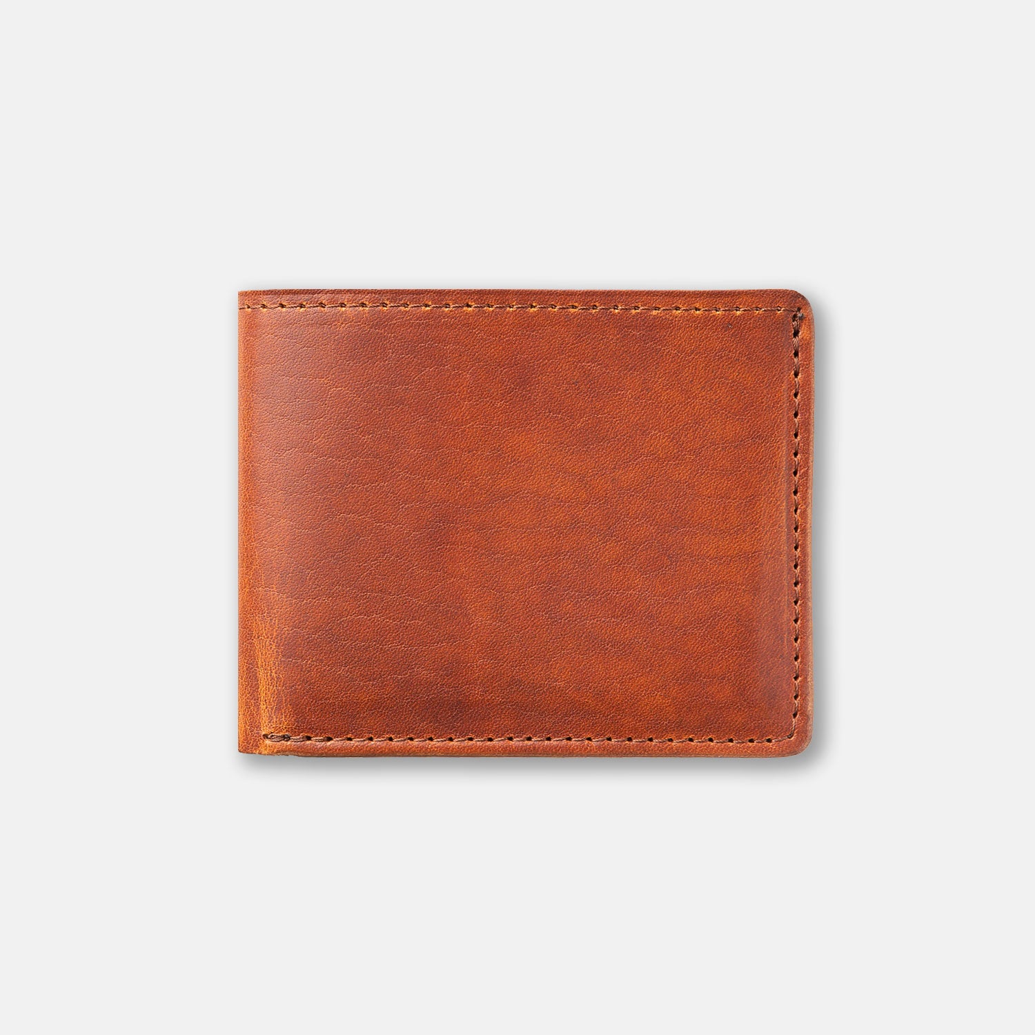 A brown bifold leather wallet with stitching detail on the edges.